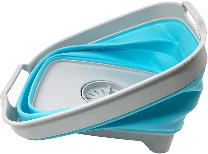 SAMMART 7.5L (2 Gallons) Collapsible Dishpan with Draining Plug - Foldable Washing Basin - Portable Dish Washing Tub - Space Saving y (Grey/Cyanine, 1)