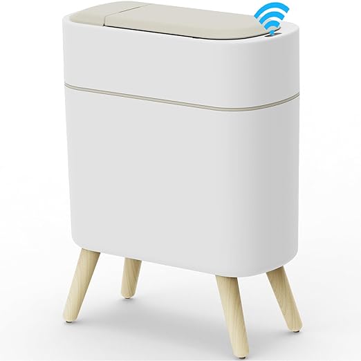 Yatmung Motion Sensor Bathroom Trash Can with Lid 2.5 Gal Smart Trash Bin - Waste Basket for Bedroom, Office, Living Room - Slim Bathroom Garbage Can Automatic Touchless - White with Wooden Legs