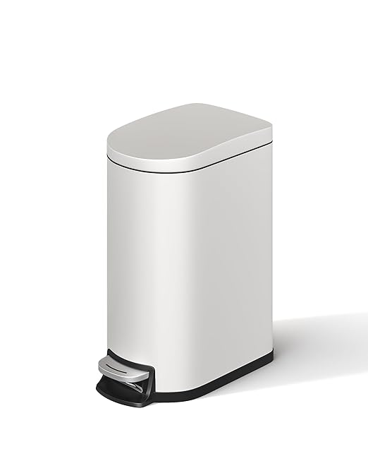 Garvee 2.6 gal / 10 L Metal Bathroom Trash Can with Lid, Slim Waterproof Garbage Can for Bedroom, Small Step-on Trash Bin with Inner Bucket, Rear Handle, Soft Close Lid, White