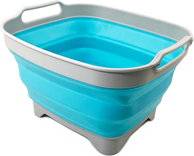 SAMMART 7.5L (2 Gallons) Collapsible Dishpan with Draining Plug - Foldable Washing Basin - Portable Dish Washing Tub - Space Saving y (Grey/Cyanine, 1)