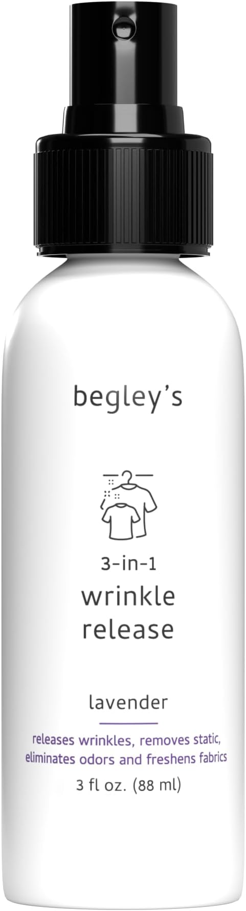 Begley's 3-in-1 Wrinkle Remover, Quick Fix Wrinkle Release, Static Cling Remover, Odor Eliminator and Fabric Refresher Spray - USDA Certified Biobased - Lavender, 3 oz Travel Size