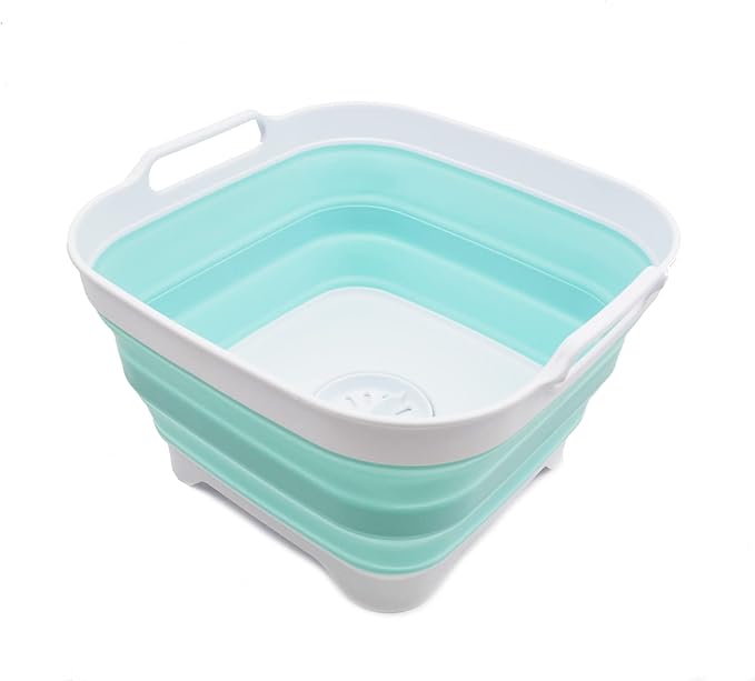SAMMART 10L (2.64 gallon) Collapsible Dishpan with Draining Plug - Foldable Washing Basin - Portable Dish Washing Tub - Space Saving Kitchen Storage Tray (1, White/Lake Green)