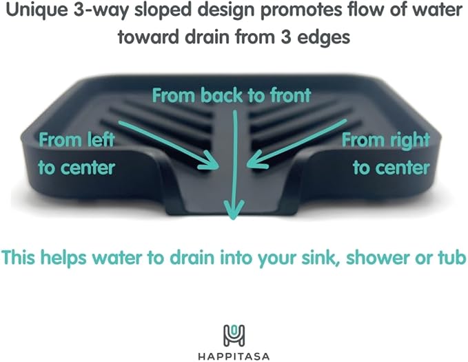 Happitasa Silicone Soap Dish Tray and Sponge Holder with Drain Chute and Feet | 3-Way Sloped Design | Bathroom and Kitchen Sink Organizer Caddy (Light Grey, 5"x4")