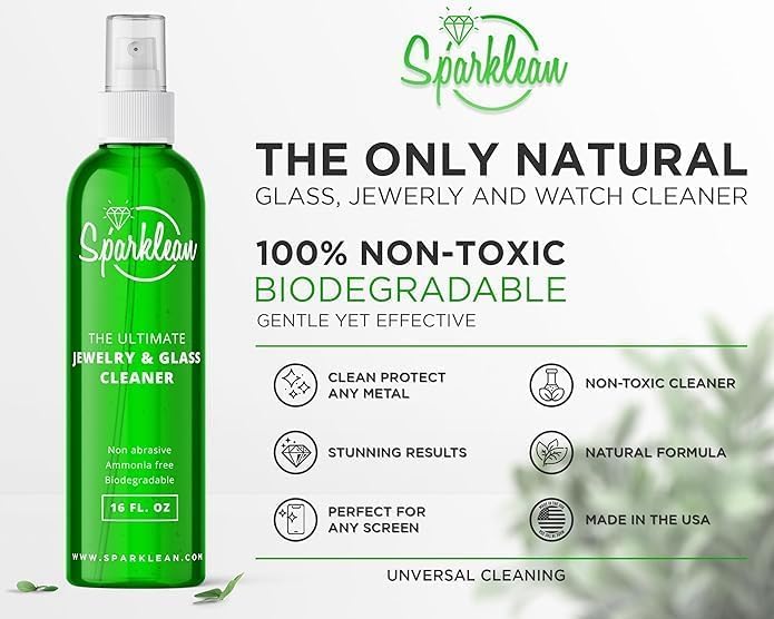 SPARKLEAN PREMIUM JEWELRY CLEANER | Natural Formula Free of Toxins and Ammonia| Includes Polishing Cloth|Silver, Gold and Diamond Cleaner | Ultrasonic jewelry solution (32 fl. oz)
