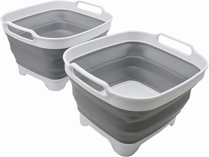 SAMMART 7.5L (2 Gallons) Collapsible Dishpan with Draining Plug - Foldable Washing Basin - Portable Dish Washing Tub - Space Saving y (White/Grey (Set of 2), 2)