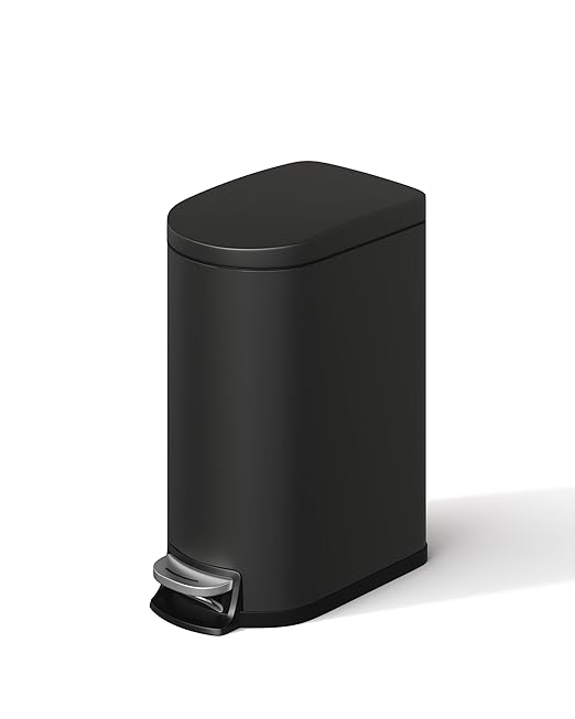 Garvee 2.6 gal / 10 L Metal Bathroom Trash Can with Lid, Slim Waterproof Garbage Can for Bedroom, Small Step-on Trash Bin with Inner Bucket, Rear Handle, Soft Close Lid, Black