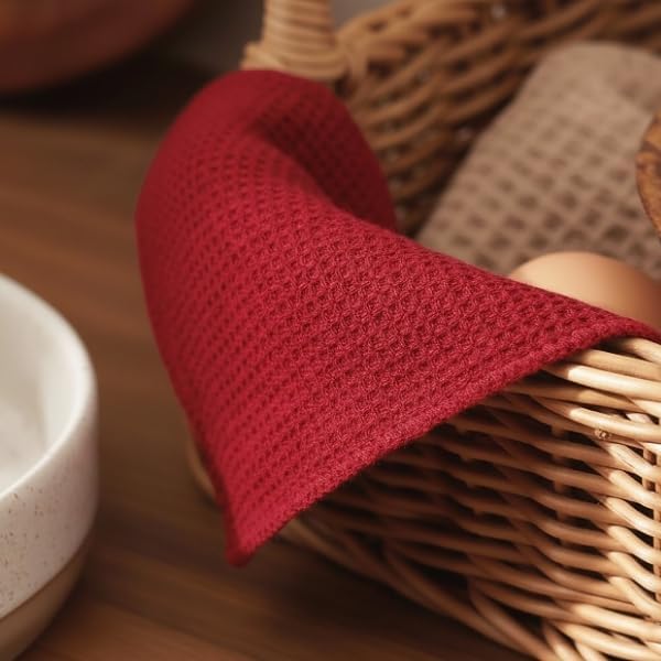 PurpleEssences Dish Cloths and Dish Rags - 6 Pack Waffle Weave Solid Kitchen Dish Wash Cloths, 100% Cotton, 12 x 12 Inches, Ultra Soft Absorbent Quick Drying - Christmas Holiday Winter - Red