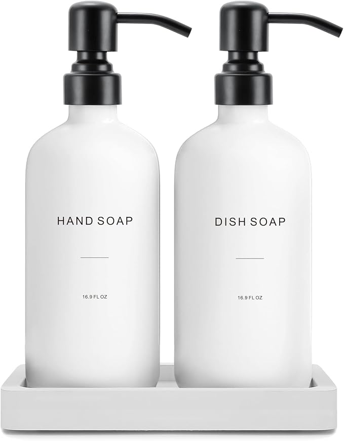 Kitchen Soap Dispenser Set, White Soap Dispenser with Black Stainless Steel Pump, Perfect for Modern Kitchen Decor. (White)