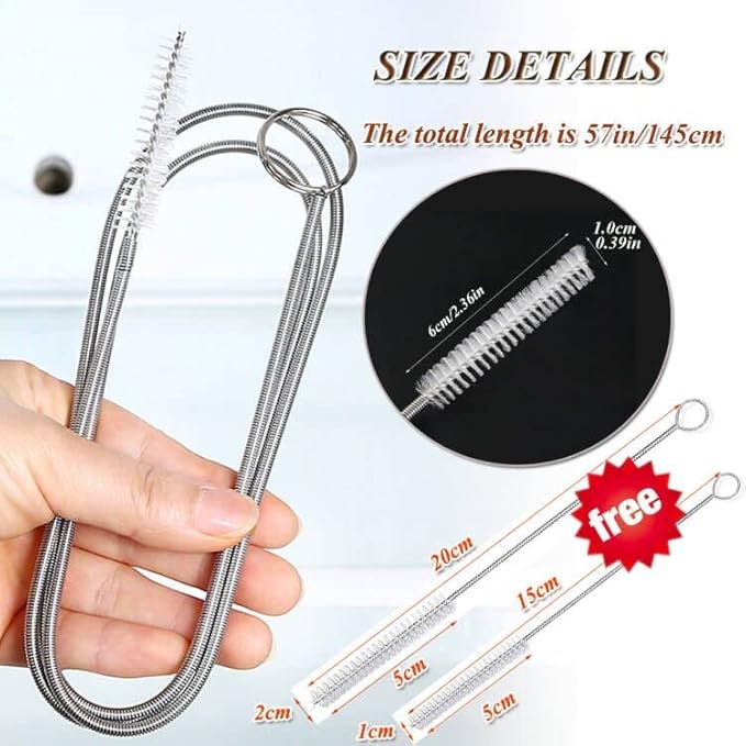 57 Inches Long Drain Brush, Flexible Pipe Cleaning Brush, Fridge Cleaning Tool for Cleaning Feeding Tube, Siphon Hose, Sunroof Drain, Refrigerator Drain, Filters and 2 PCS Tube Brushes (White)