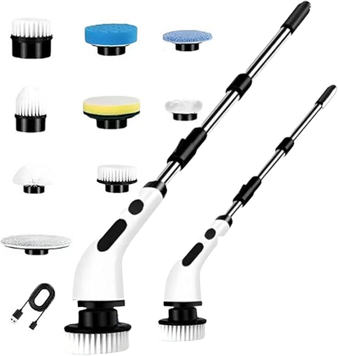 Electric Spin Scrubber, Cordless Shower Scrubber with Long Handle, 1.5h Bathroom Scrubber Dual Speed, Ipx7 Waterproof Cordless Cleaning Brush with 9 Replaceable Brush Heads & Extendable Handle