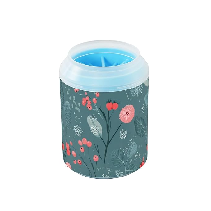 Dog Paw Cleaner Cups for Dogs Pet Foot Washer Paw Scrubber for Small Medium Large Dogs Cats Cleaning Cup Green Winter Berries and Snowflakes