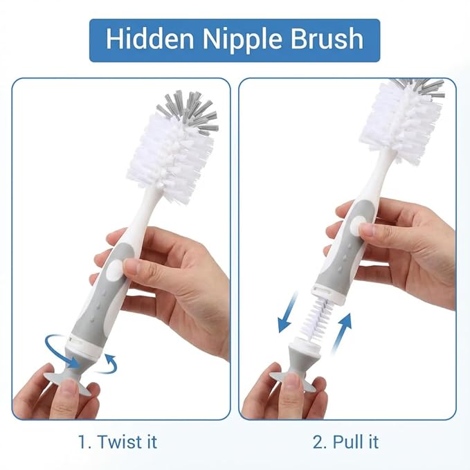 5-in-1 Baby Bottle Cleaner Set, Including Nylon & Silicone Bottle Brush, Cap, Straw & Nipple Brushes, BPA-Free (Grey)