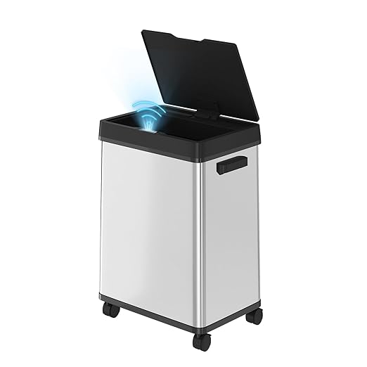 Motion Sensor Trash Can, Automatic Trash Cans Touchless, 13 Gallon 50 Liter Stainless Steel Garbage Cans for Kitchen Living Room with Odor Control & Wheels, Soft-Closing, Stay Open Lid