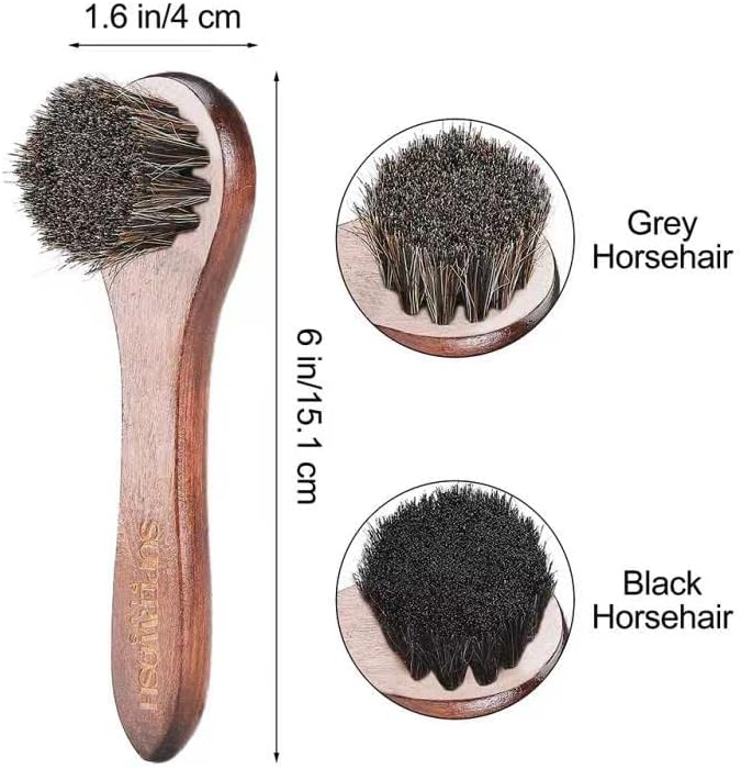 Horsehair Shoe Polish Applicator Brush, Soft Horse Hair Bristles Dauber Leather Care Brush for Shoes, Boots, Bags - 2 Pack Grey Bristle + 2 Pack Black Bristle Brush Included