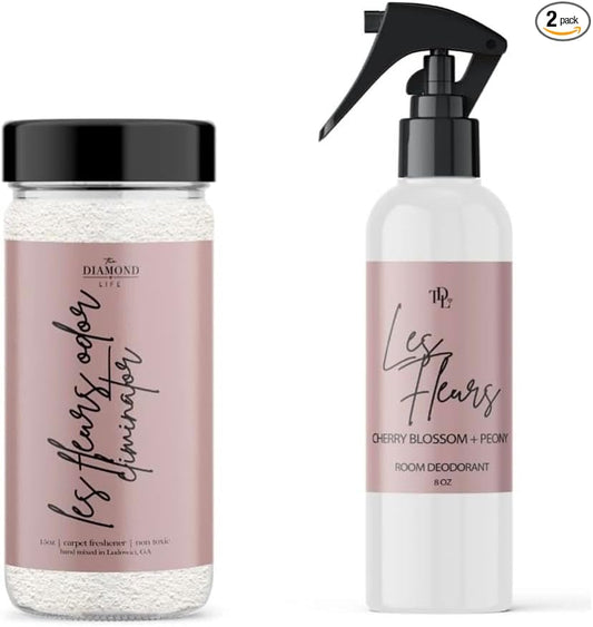 Home Les Fleurs Bundle – Pink Peony & Iris Carpet Powder for Vacuuming with Room Spray – Upholstery, Air & Fabric Odor Eliminator – Pet & Kid Friendly