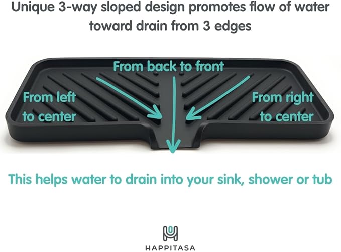 Happitasa Silicone Soap Dish Tray and Sponge Holder with Drain Chute and Feet | 3-Way Sloped Design | Bathroom and Kitchen Sink Organizer Caddy (Black, 10"x4")