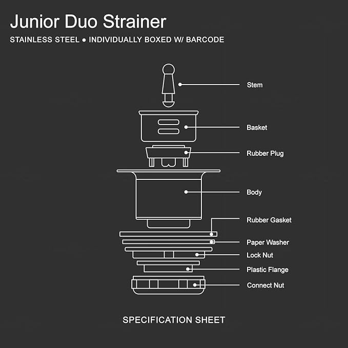 Highcraft 9773 Bar/Prep Sink 2 1/2 Junior Duo Stainless Steel Drain Assembly with Strainer Basket and Rubber Stopper