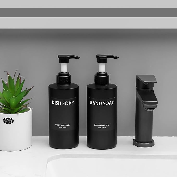 Hand Soap Dispenser Plastic Pump Bottles with Waterproof Label for Bathroom Kitchen, Empty Refillable Liquid Container, 16 oz Black 2 Pack