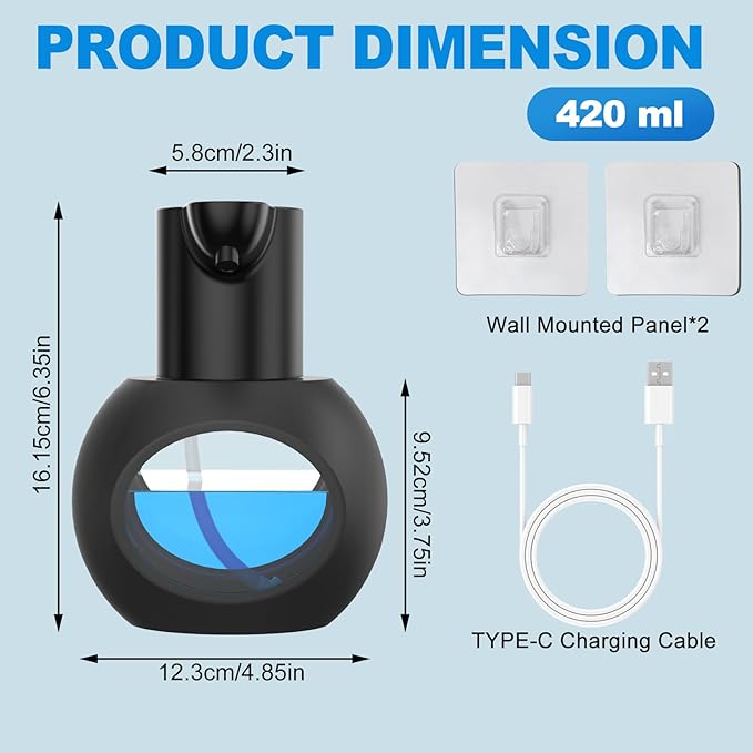 Automatic Soap Dispensers,15oz/420ml USB Touchless Automatic Foaming Soap Dispenser,Rechargeabled Wall Mounted Smart Soap Dispenser for Home Kitchen Bathroom Office Black (2, Black)