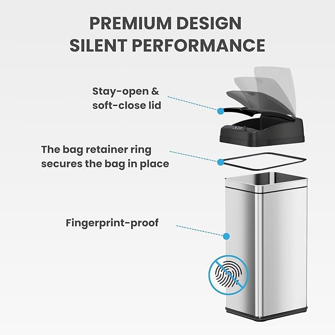 iTouchless 13 Gallon Kitchen Trash Can with Odor Filter, Automatic Motion Sensor Bin, Soft-Close Stainless Steel, Slim Wastebasket for Narrow Spaces, Silver