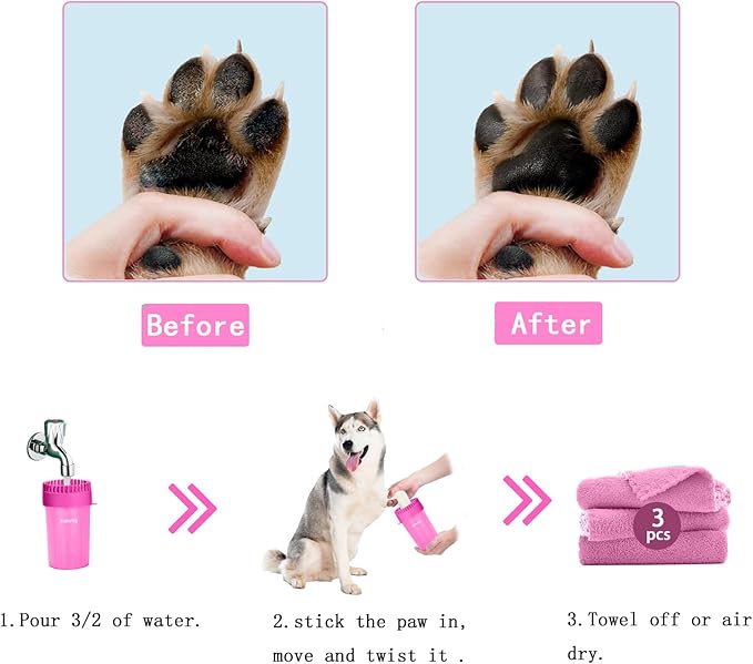 Quick Clean Dog Paw Cleaner 5-in-1 Kit, Pink (Medium) - No Full Bath Needed, Post-Walk Paw Clean - with Silicone Bath Brush, 3 Microfiber Towels - Fits Corgi 1.2-2.5 In (3.05-6.35 cm)
