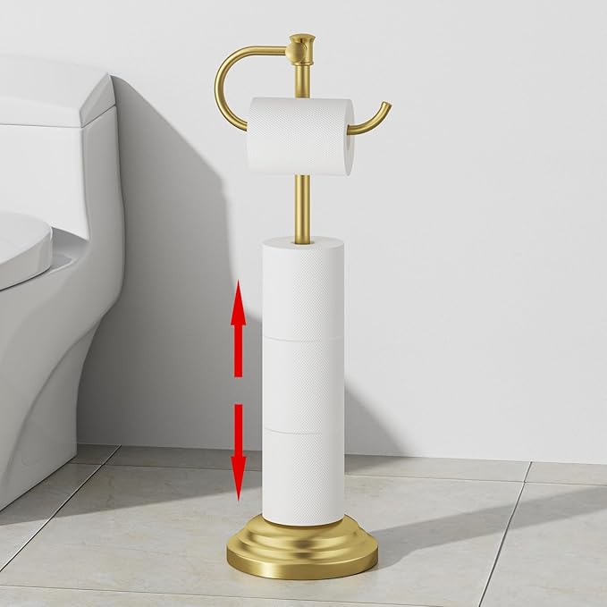 RUMOSE Toilet Paper Holder Stand for Floor, Brushed Gold Bathroom Free Standing Toilet Tissue Roll Holder with Storage, Adjustable 17-25 Inch, SUS304 Stainless Steel