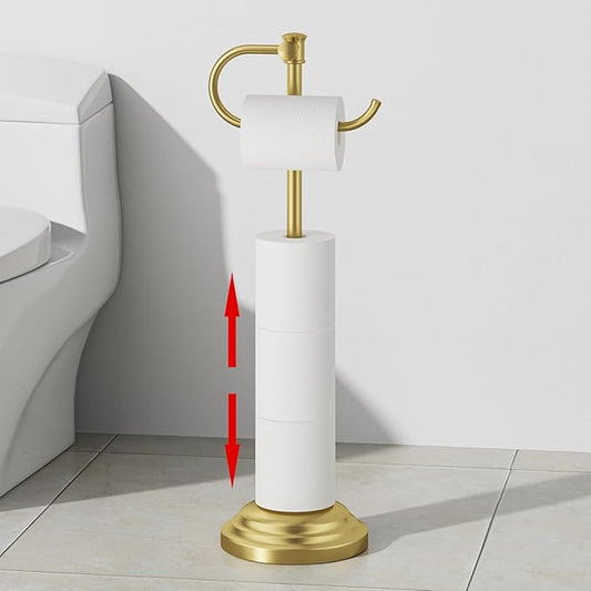 RUMOSE Toilet Paper Holder Stand for Floor, Brushed Gold Bathroom Free Standing Toilet Tissue Roll Holder with Storage, Adjustable 17-25 Inch, SUS304 Stainless Steel
