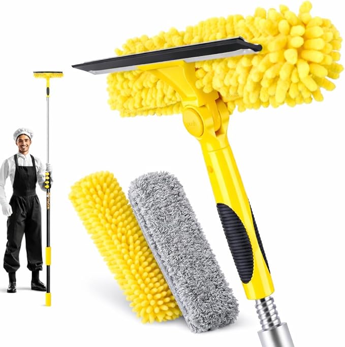 225'' Long Reach Window Squeegee with Telescoping Extension Pole, 2-in-1 Indoor/Outdoor Cleaning Tool with 270° Rotatable Head, Lightweight Alloy Aluminum Pole for Shower Door, Mirror, Car Windshield