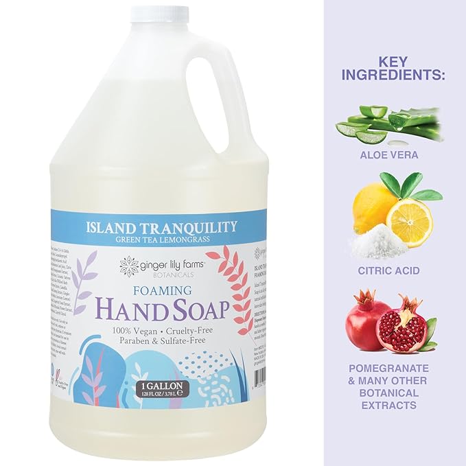 Ginger Lily Farms Botanicals All-Purpose Foaming Hand Soap Refill, Island Tranquility, 100% Vegan & Cruelty-Free, Green Tea Lemongrass Scent, 1 Gallon (128 fl oz)