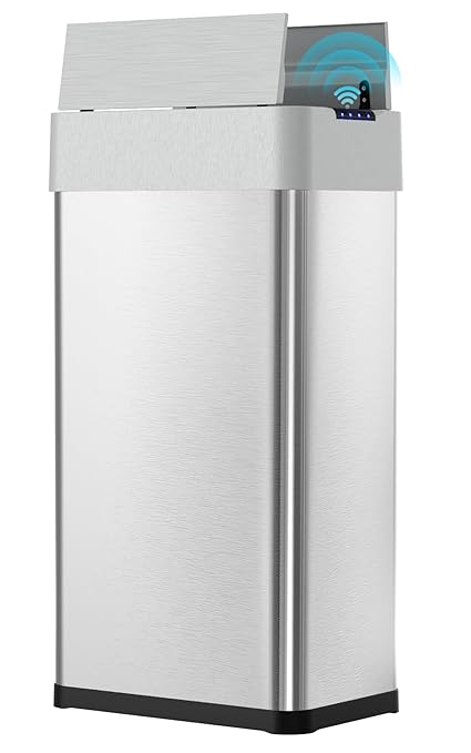 Arlopu 21.1 Gal Automatic Trash Can, 80L Stainless Steel Motion Sensor Garbage Bin, Touchless Brushed Wastebasket, W/Butterfly, Soft-Close Lid, for Living, Dinning Room, Kitchen (Silver)