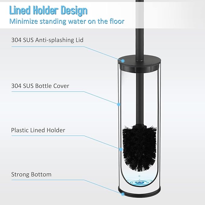Toilet Brush and Holder Set Black Stainless Steel, 304 Heavy Duty Round Toilet Brush Set – Rust Resistant, Long Handle, Replacement Heads, Floor Standing Bathroom Toilet Cleaning Brush