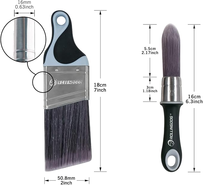 ROLLINGDOG 2 Inch Trim Paint Brush - 1PC 50mm Angled Sash Paint Brush and 1PC Pointed Round Trim Brush for Painting Walls
