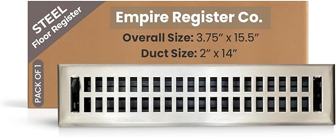 Empire Register Co, Modern Contemporary 2x14 inch Floor Vent Cover, Brushed Nickel Finish, Heavy Duty Steel, Metal Damper Attached, Excellent Air Flow, Easy Installation