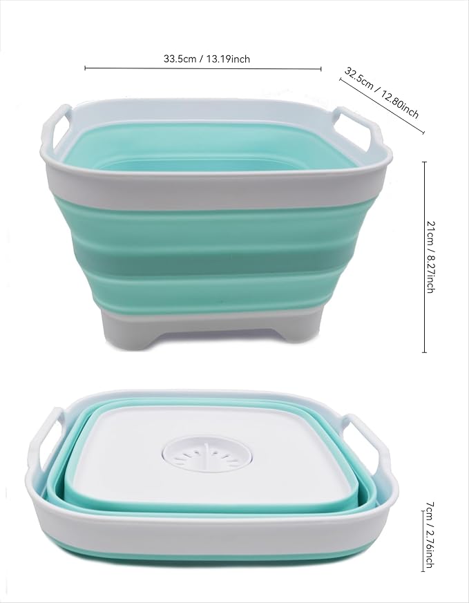 SAMMART 10L (2.64 gallon) Collapsible Dishpan with Draining Plug - Foldable Washing Basin - Portable Dish Washing Tub - Space Saving Kitchen Storage Tray (1, White/Lake Green)