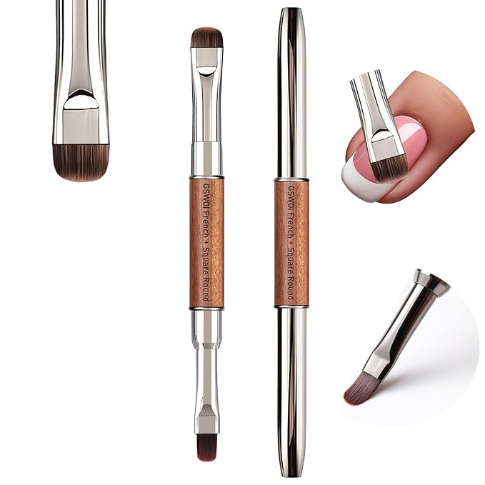 Dual Head Acrylic Nail Brush-French Tip & Square Round with Cleaning Brush for Builder Gel,Polygel & Design-Wood Handle & Metal Caps