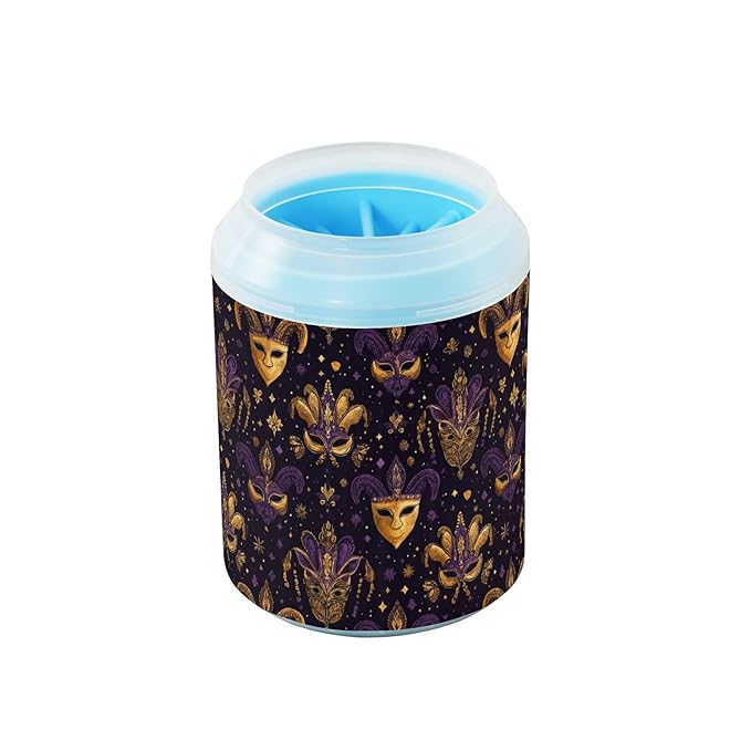 Dog Paw Cleaner Cups for Dogs Pets Foot Washer Paw Scrubber for Medium Small Cats Dogs Cute Cleaning Cup Purple Mardi Gras Mask Gold