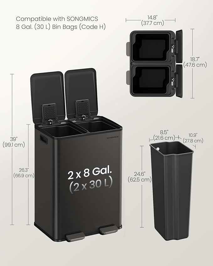 SONGMICS Trash Can, 2 x 8 Gallon (2 x 30 L) Dual-Compartment Garbage Can with Soft-Close Lid, Pedal and Inner Buckets, Stainless Steel, Includes 15 Liner Bags, Slate Gray ULTB741G01