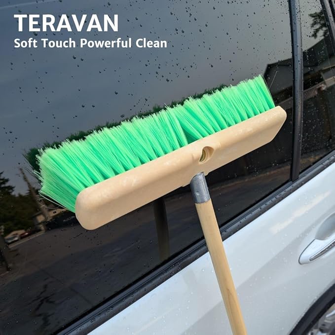 Teravan Green Flow Through Brush Head, 14-Inch Extra Soft Bristle Brush for Gentle Car Wash, RV, Boat, Window & Floor Cleaning, Compatible with Pole Handle