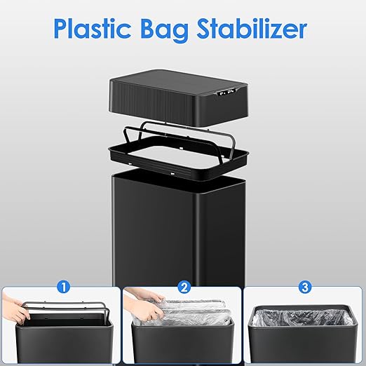 TLSUNNY 13.2 Gallon Automatic Trash Can, Stainless Steel Motion Sensor Garbage bin, Smart Trash Can W/Butterfly Lid, Bag Retainer Ring and Display Light for Living Room,Kitchen,Office (Black, 50L)
