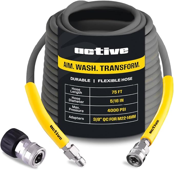 Active 75’ Pressure Washer Hose Compatible with gas and electric pressure washers (M22-14mm) Kink resistant, flexible steel braided power washer hose, max operating spec of 4000 PSI & 12 GPM and 212°F