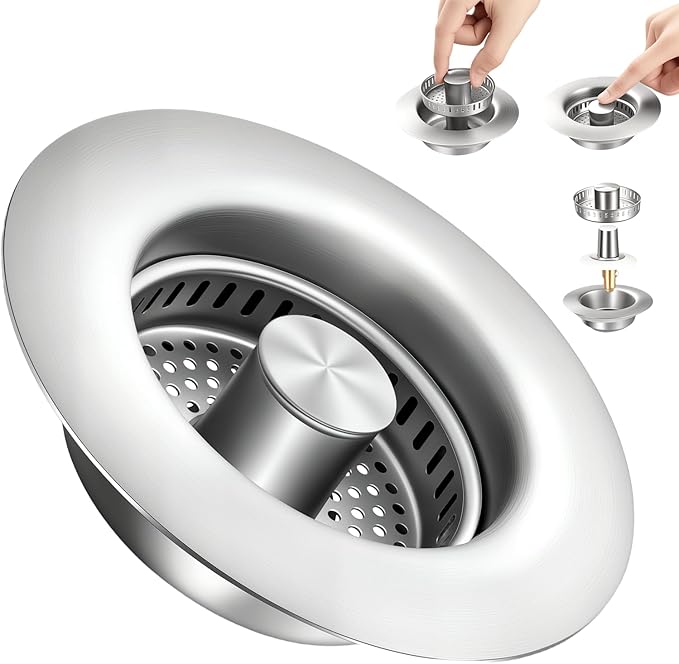 2 Pack Sink Drain Strainer Kitchen Sink Drain Strainer&Sink Stopper,Stainless Steel Pop up Sink Drain Strainer,Anti-Clogging Basket Strainer,High Durability with Brass Core,Fit 3-1/2",Chrome