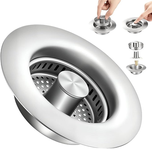 2 Pack Sink Drain Strainer Kitchen Sink Drain Strainer&Sink Stopper,Stainless Steel Pop up Sink Drain Strainer,Anti-Clogging Basket Strainer,High Durability with Brass Core,Fit 3-1/2",Chrome