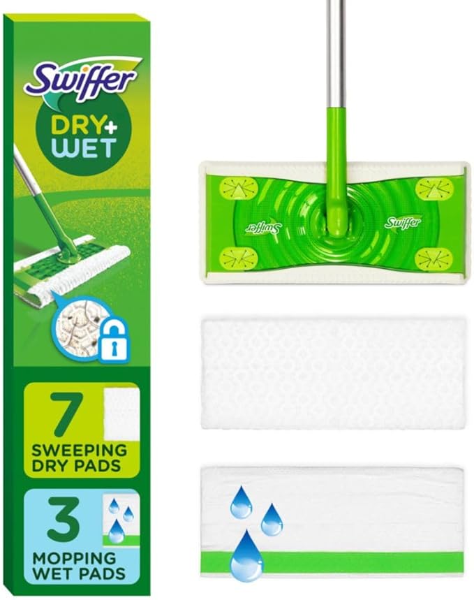 Sweeper 2 in 1 Dry + Wet Floor Cleaning and Sweeping Kit, Multi Surface Floor Cleaning Kit, Kit Includes 1 Sweeper, 7 Dry Sweeping Cloth, 3 Wet Mop Cloths