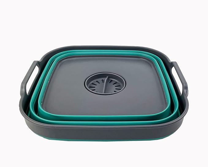 SAMMART 10L (2.64 Gallon) Collapsible Dishpan with Draining Plug - Foldable Washing Basin - Portable Dish Washing Tub - Space Saving Kitchen Storage Tray (Grey/Turquoise Blue)