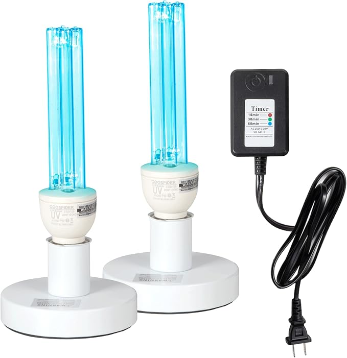 25W UV Sanitizer Lamp Ozone Free and with Ozone,2 Packs 50W UVC Light with E26 Base and 3-Gear Timer，UV Lamp for Basement/Bedroom/Kitchen,253.7/185nm Wavelength Covers up to 800sq.ft,110V CTUV-25