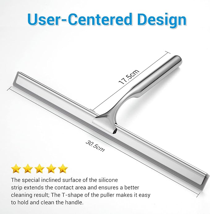Shower Squeegee for Glass Doors, 12" Stainless Steel Squeegees for Shower Doors, Bathroom, Window and Car Glass, All-Purpose Cleaning Squeegee with Matching Hooks Holder, 1 Replacement Squeegee Blade
