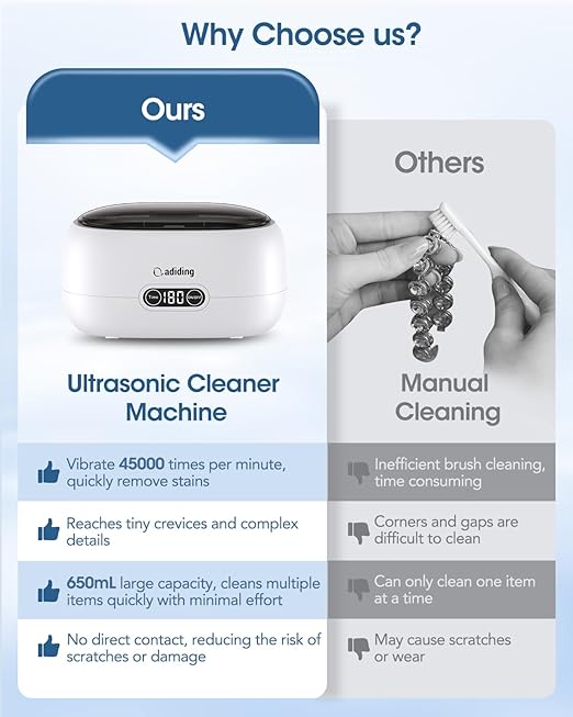 Adiding Jewelry Cleaning Machine, 650mL (23oz) Ring Sonic Cleaner Machine for Glasses, Earring, Denture, Retainer, Watch Straps, Razor -5 Cleaning Modes, Digital Timer, SUS304 Stainless Steel