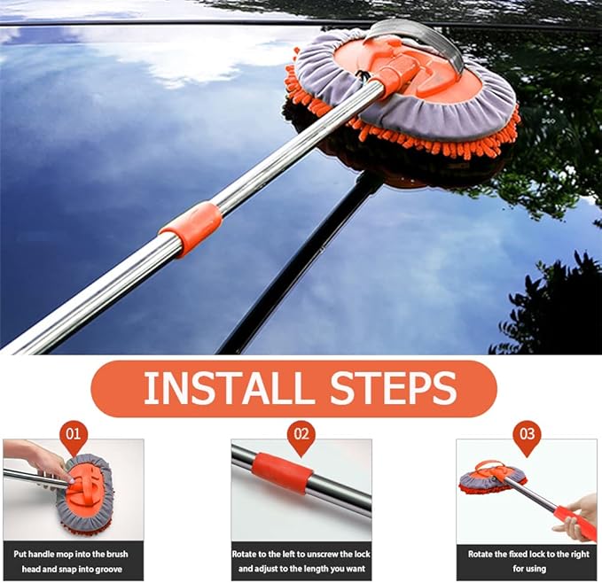 47.5" Car Wash Brush Mop Cleaning Tool with Long Handle Kit for Washing Detailing Cars Truck, SUV, RV, Trailer, Boat 2 in 1 Chenille Microfiber Sponge Duster Not Hurt Paint Scratch Free