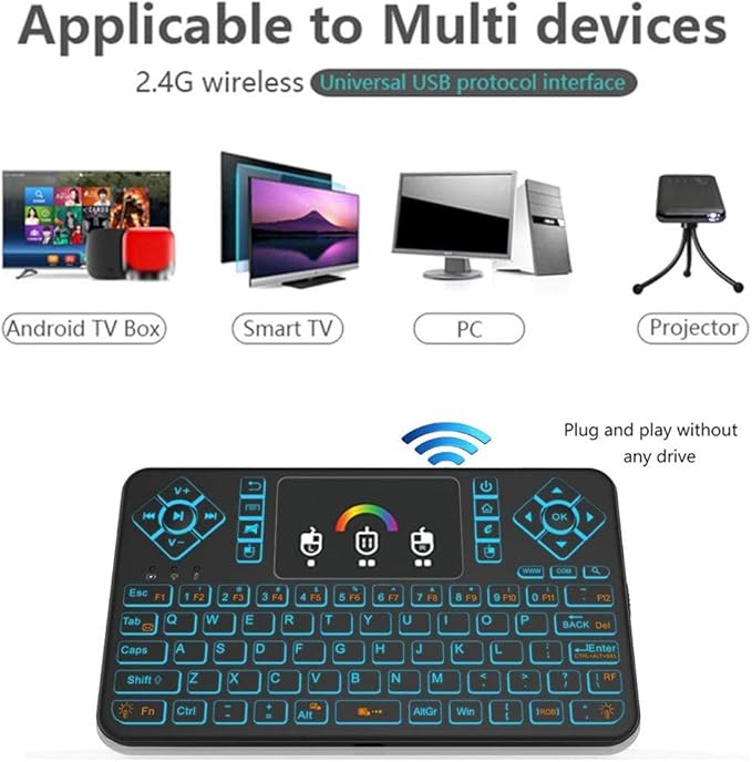 Q9 Mini Wireless Keyboard with Touchpad - Colorful Backlit Small Rechargeable Remote Keyboard for PC, Raspberry Pi 4, Android TV Box, KODI, Windows 7 8 10