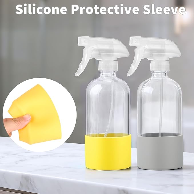 Glass Spray Bottles (2-Pack) with Silicone Sleeve - 16oz Empty Refillable Bottles - Adjustable Nozzle for Hair, Plants, Cleaning & DIY Solutions - Blue & Grey (yellow + turquoise)